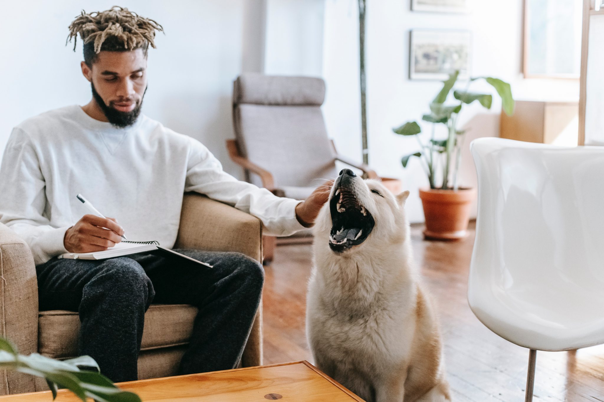 man working at home with pet dog